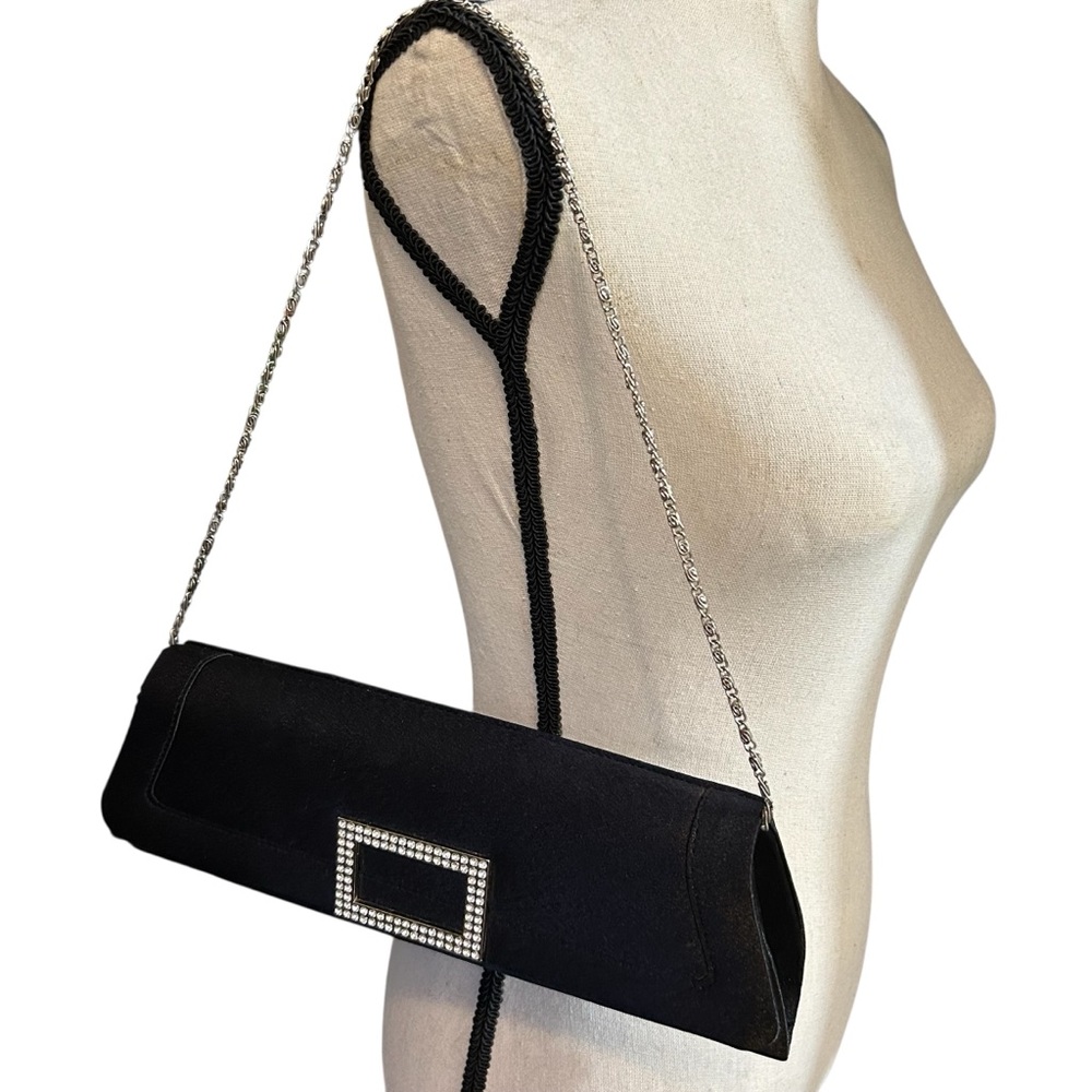 Bijoux Terner Black Satin Rhinestone Buckle Evening Bag Chain Strap Holiday